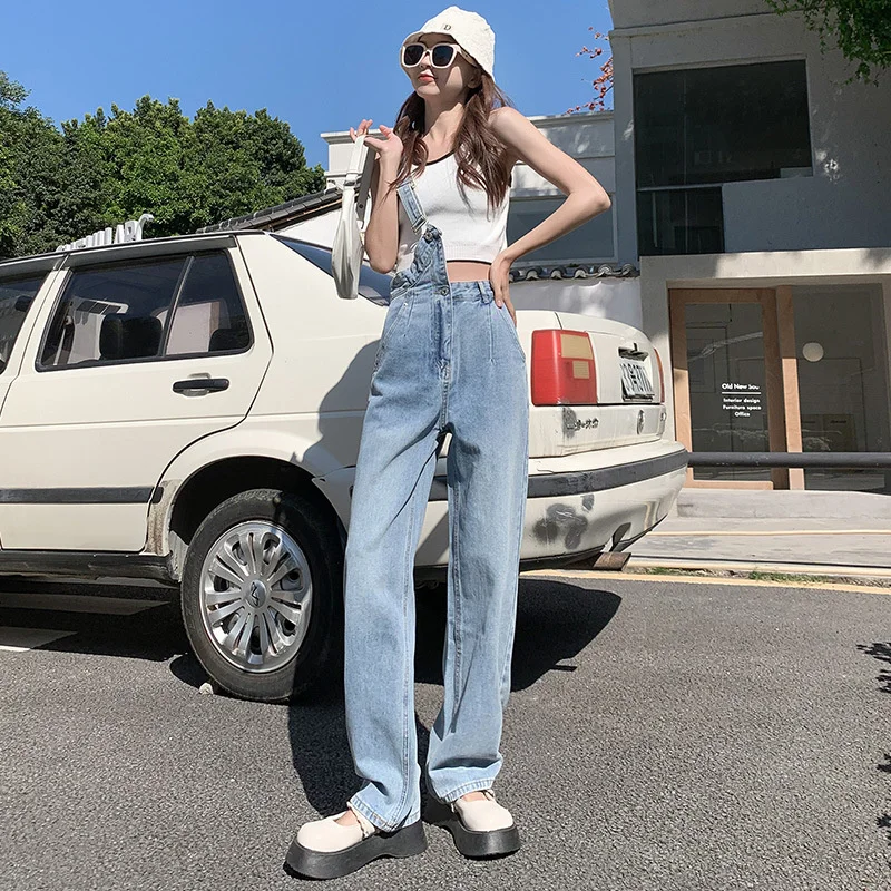 Women's Jeans High Waist Straight Pants One Shoulder Overalls Denim Pant Light Blue Wide Leg Trousers Harajuku Streetwear