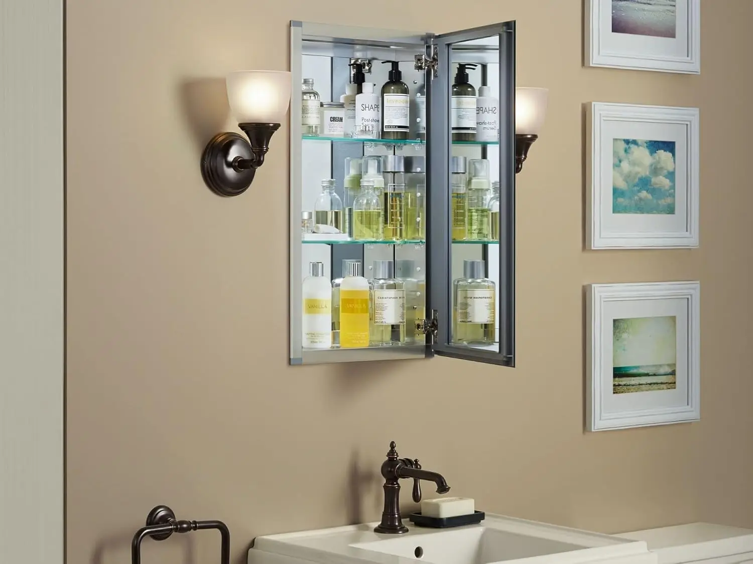 CB-CLC1526FS Frameless Bathroom Mirror Medicine Cabinet, Single Door, Rectangular Beveled Edge Frame, Bathroom Cabinet Mirror, A