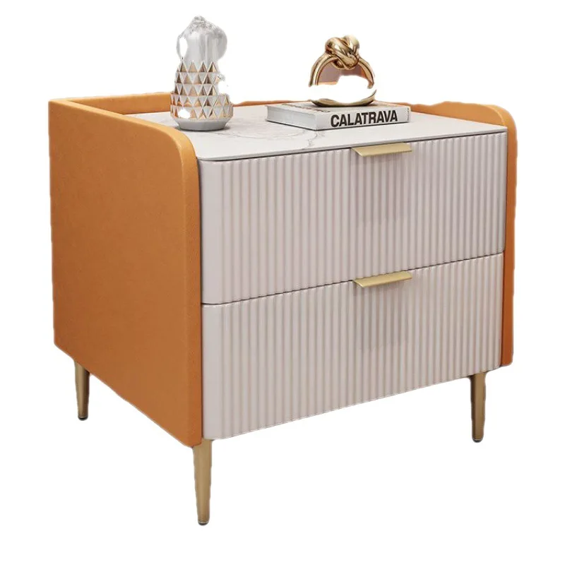 Light luxury minimalist modern Nordic all solid wood bedside table complete set of slate leather net red bedroom storage cabinet