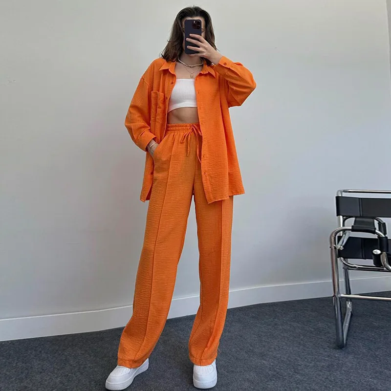 2022 Set Women's Autumn and Winter Long sleeved Shirt with Folded Elastic Waist Pants Elegant Solid Color Two Piece Set New