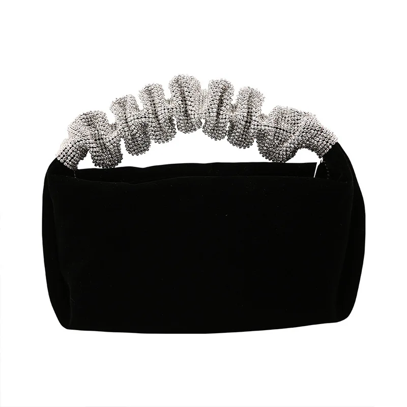 Handmade Black Velvet Handbag Women Evening Clutches Bag Fine Luxury Rhinestones Handle Handbag Purses Ladies Party Clutch