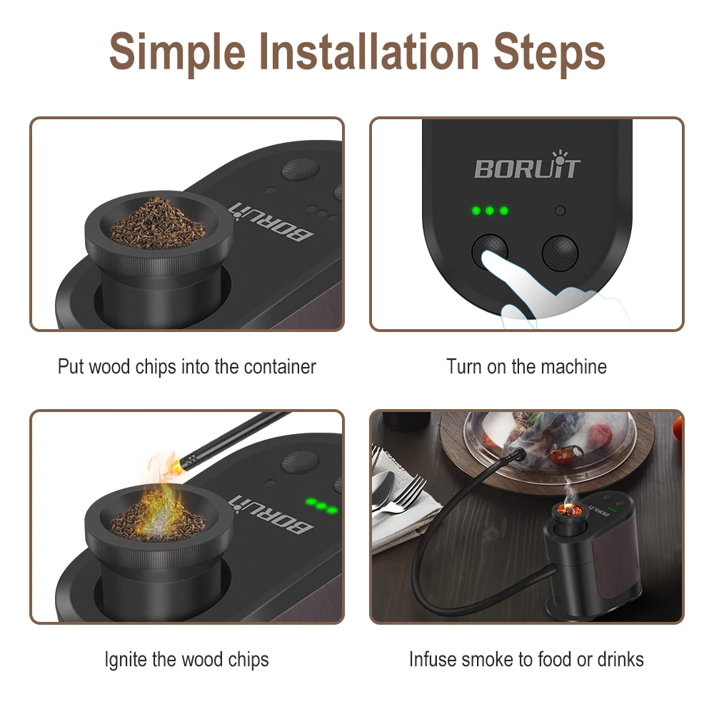 BORUiT BQ500 Rauch-Ei Küche Tragbare Molekulare Maschine Bar Kalten Rauch Generator Fleisch Brennen Kochen Rauchen Pistole für BBQ – Detail 7