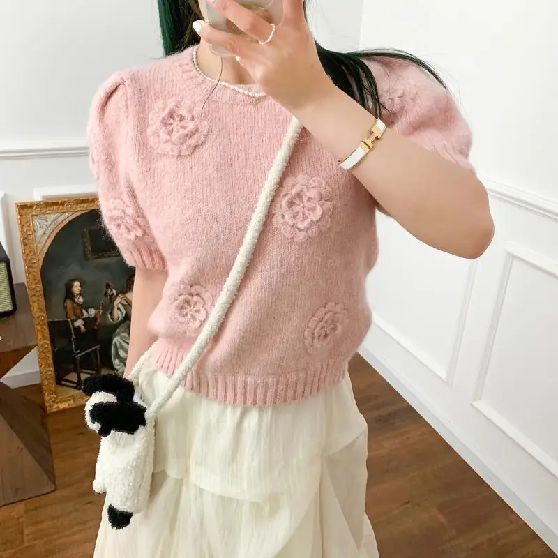 

Женский мохеровый свитер, розовый облегающий свитер с рукавами-пузырьками и цветочным принтом, элегантная брендовая одежда для весны и лета, 2023