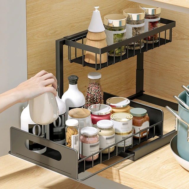 2-Tier Sliding Out Kitchen Storage Racks Cabinet Organizer  Height-adjustable Under Sink Organizers Storage for Bathroom Kitchen -  AliExpress