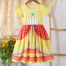 Charming Yellow Girls' Cartoon Princess Swing Dress with Flutter Sleeves - 4Y (Yellow)
