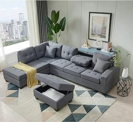

Living Room Furniture Sets Sectional Sofa Modern L-Shaped Sofá with 2 Pillows and Ottoman,Upholstered Corner Couch Extra Wide