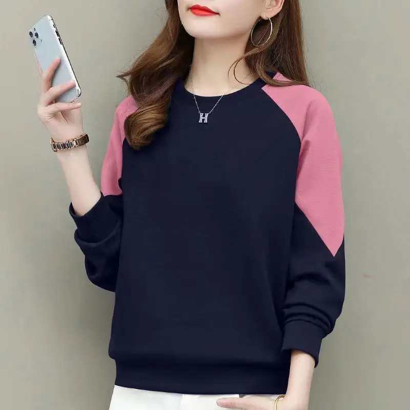 Spring and Autumn Colored Contrast Round Neck Long Sleeve Pullover Sweater Letter Fashion Casual Formal Office Lady Tops