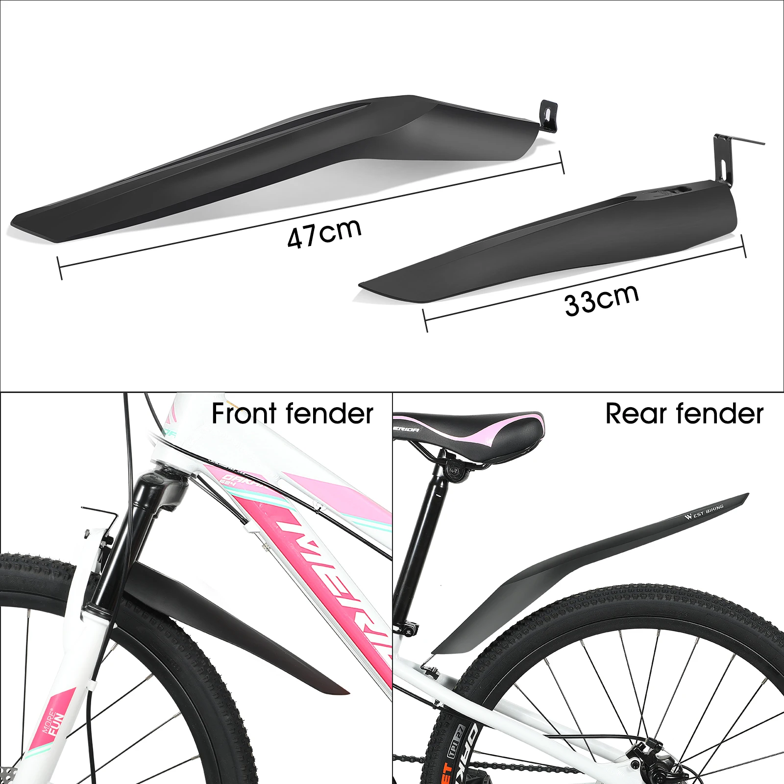 WEST BIKING 2 Pcs Bicycle Fenders Set 22-24 Inch MTB Front/Rear Mudguard Tire General Cycling Mud Guard Wings Bike Accessories
