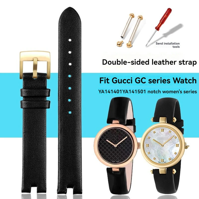 Correa de muesca de cuero de vaca de primera capa para reloj de mujer, correa de reloj elegante impermeable negra para Gucci YA141401 YA141505, 12mm, 14mm