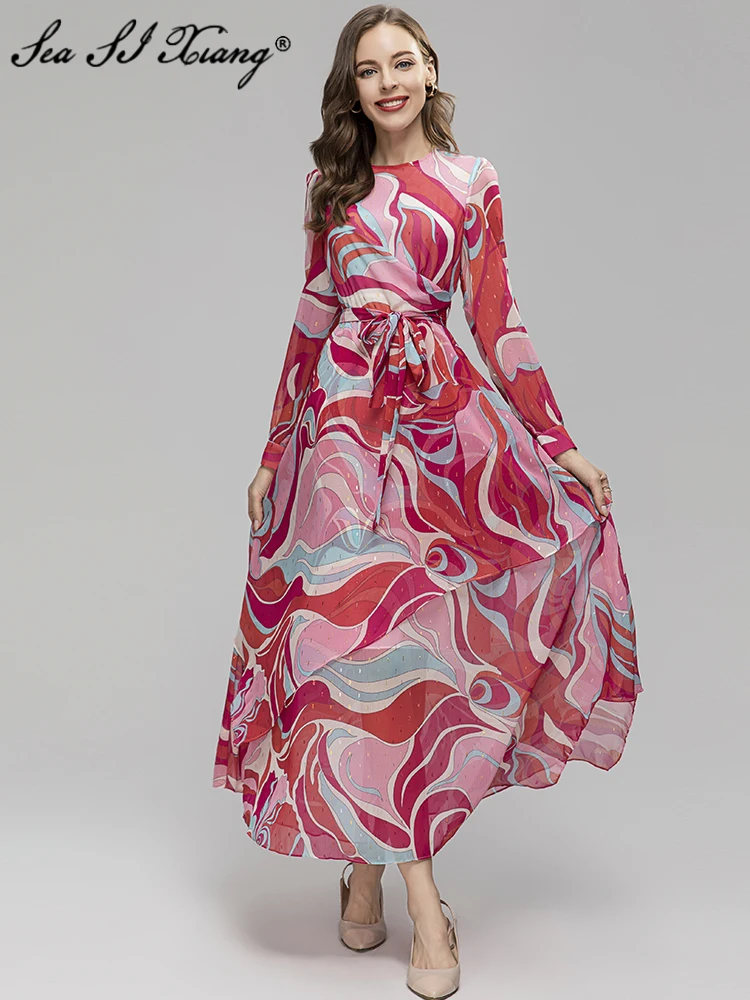 

Seasixiang Fashion Designer Summer Chiffon Long Dress Women O-Neck Long Sleeve Belt Ruffle Abstract Print Bohemian Dresses