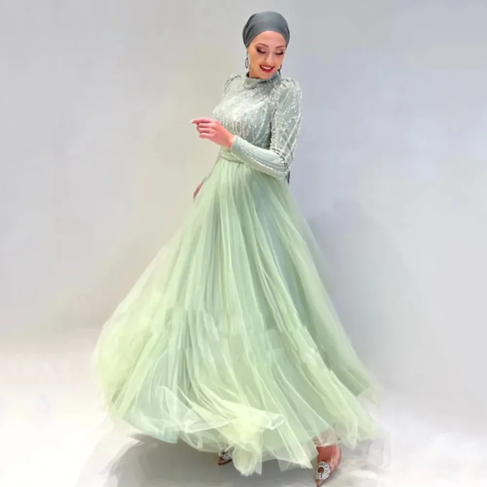 

Muslim Prom Dresses Beaded Appliques Kaftan Maxi Dress High Neck Long Sleeves Tiered Tulle Islamic Females Formal Gowns Customed