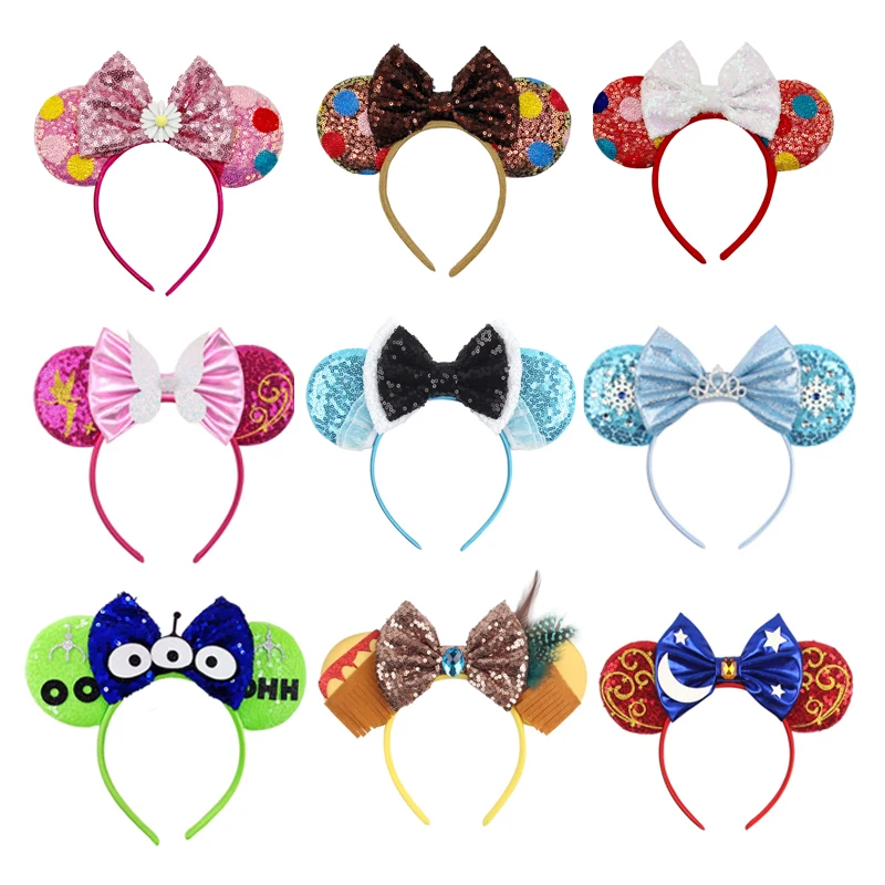2024 Mickey Mouse Ears Headband Embroidery Bow Sequins Hairband Women Birthday Gift Girls Kids Party Hair Accessorie