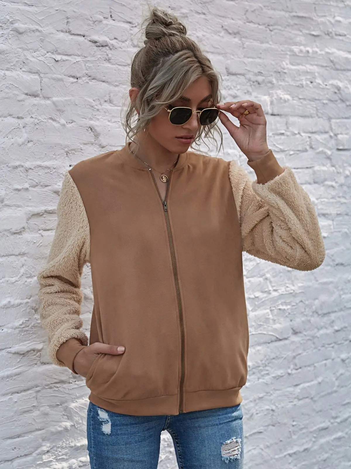 Two Tone Teddy Sleeve Jacket