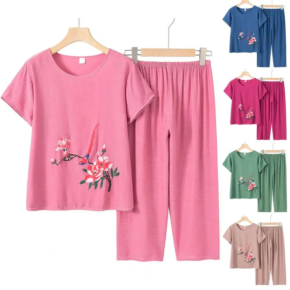 XL-4XL 2Pcs/Set Women Summer Suit Pajamas Sets Flower Print O-Neck Short Sleeve Top High Waist Wide Leg Pants Casual Tracksuit