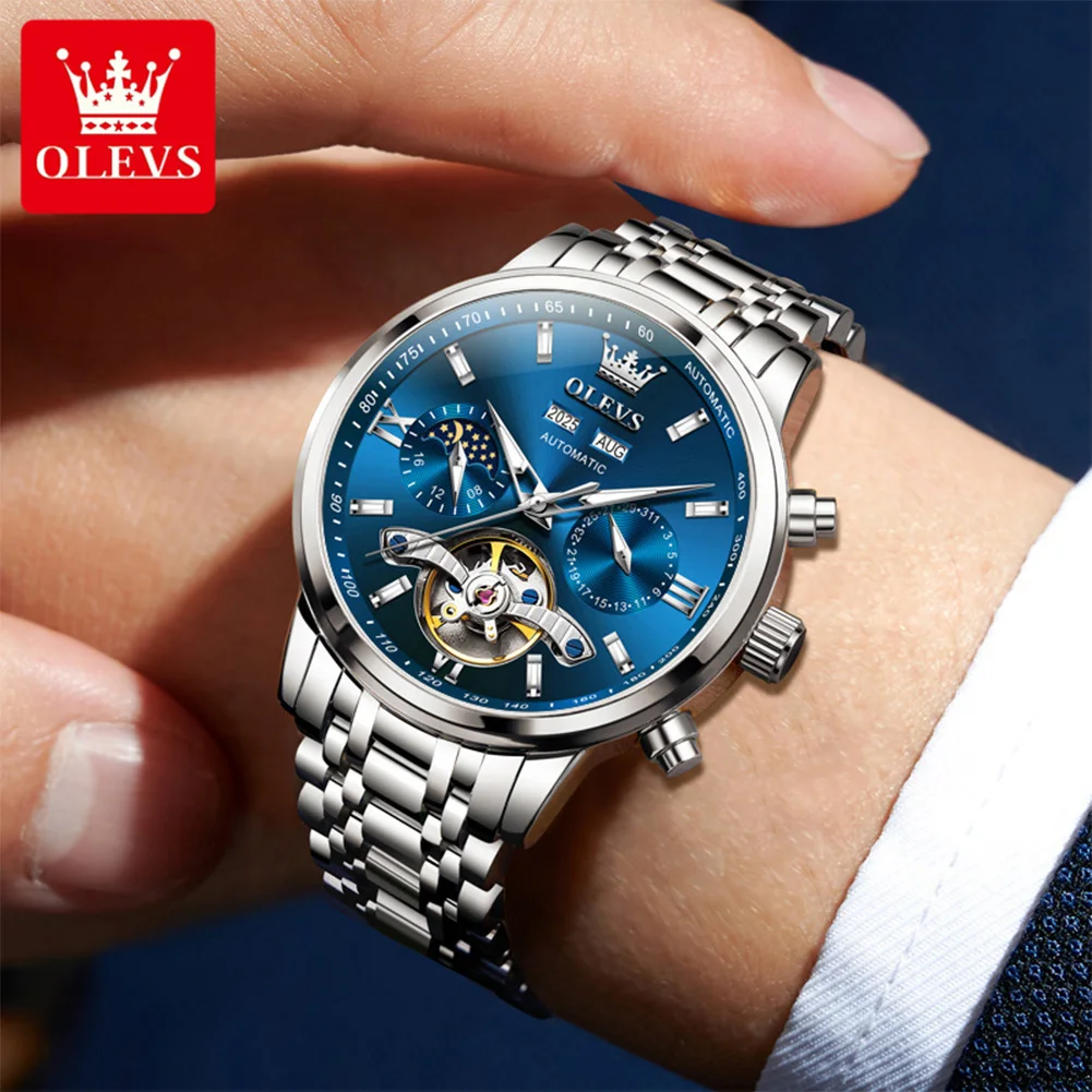 OLEVS 6740 New Automatic Watches For Man Exclusive Mechanical Skeleton Flywheel Men's Watches Moon Phase Calendar Wristwatch Man