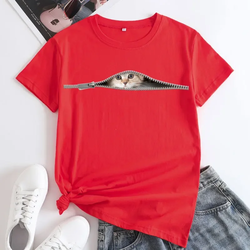 Cotton 100% Plus Size Cat Print Modal Round Neck Short-sleeved Women's T-shirt Tops Graphic T Shirts Clothes Oversized T Shirt