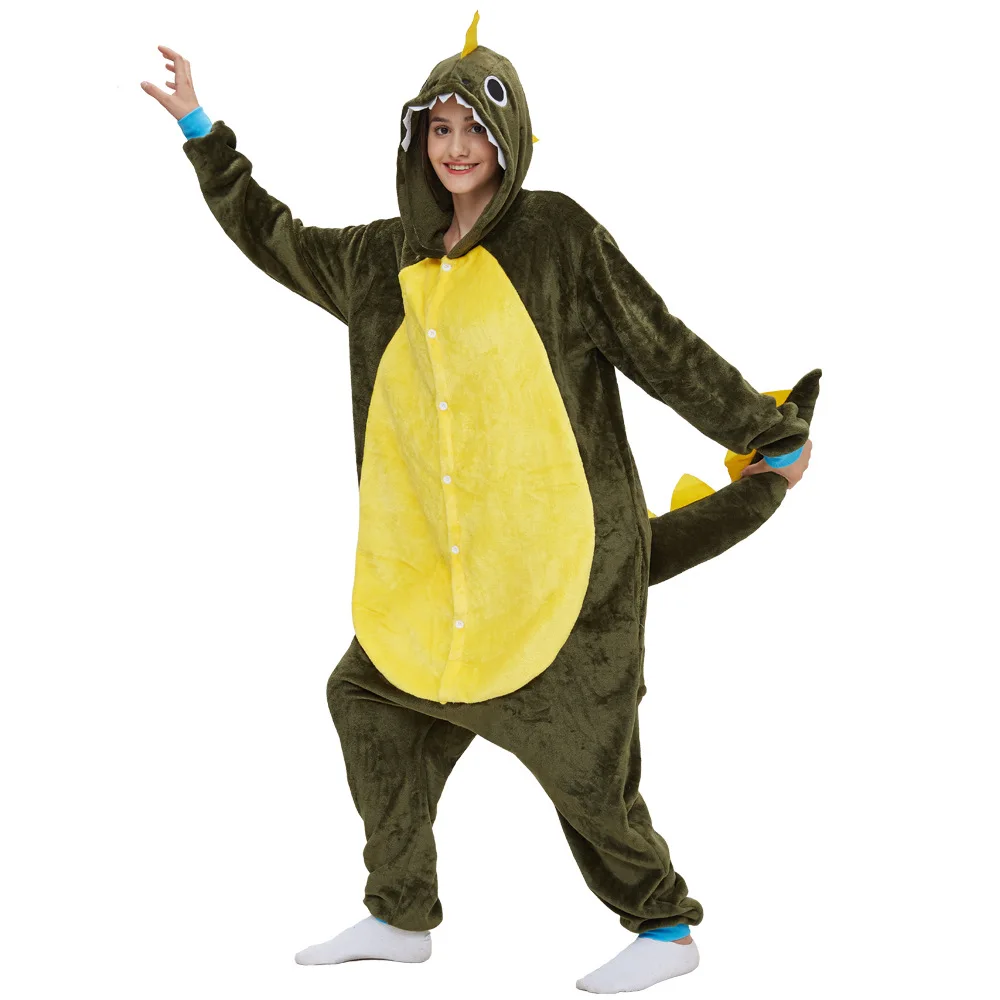 Green Dragon Cartoon Flannel Women Pajamas Set Dinosaur Adult Kigurumi Onesie Cosplay Animal Onepiece Unisex Men Funny Sleepwear