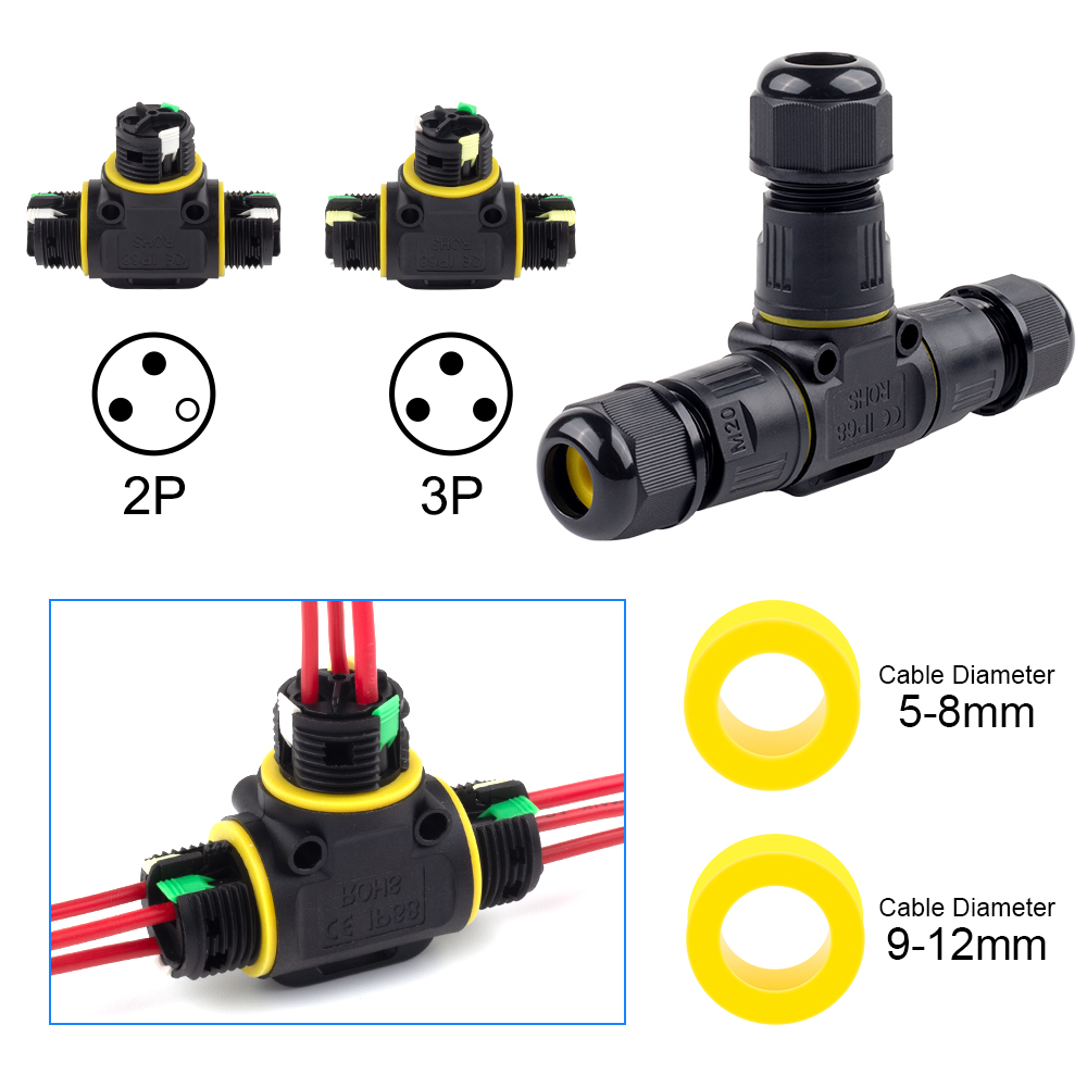 1PCS T-Type 2/3 Pin 3Way Wire Connectorsï¼Quick insertionï¼with Nylon PA66 and Terminalï¼IP68 M20T Adapter Waterproof Junction Box