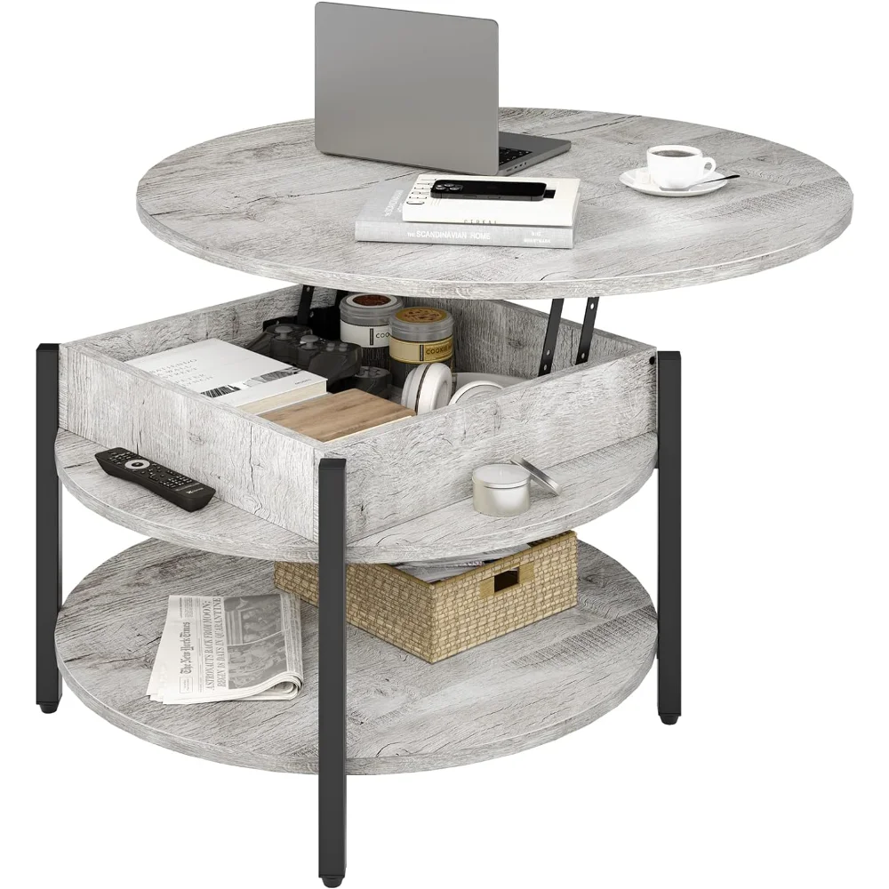 

FABATO Round Lift Top Coffee Table, 35.43’’ Circle Coffee Table with Storage for Living Room Reception Room, Farmhouse 2 Tier