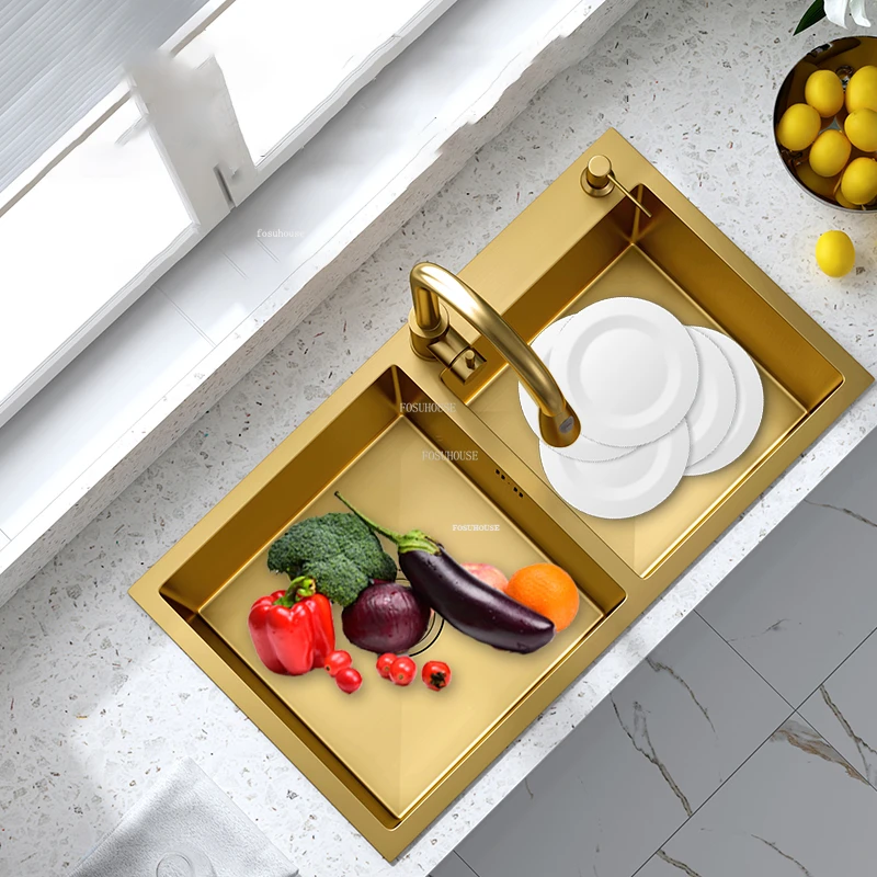 Light Luxury Kitchen Sinks Stainless Steel Home Kitchen Sink Creative Large Gold Nano Sink Handmade Double Accessories