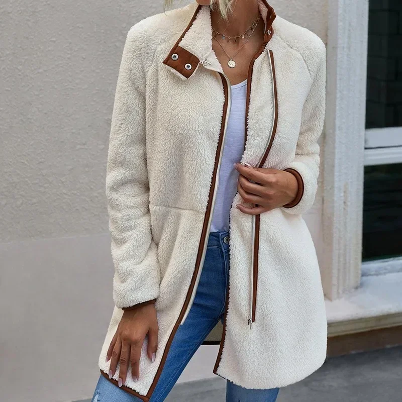 Long Sleeve Pocket Zipper Coat Warm Winter Mid-length Coat Winter 2024 Fashion Ladies Loose Solid Color Casual Jacket