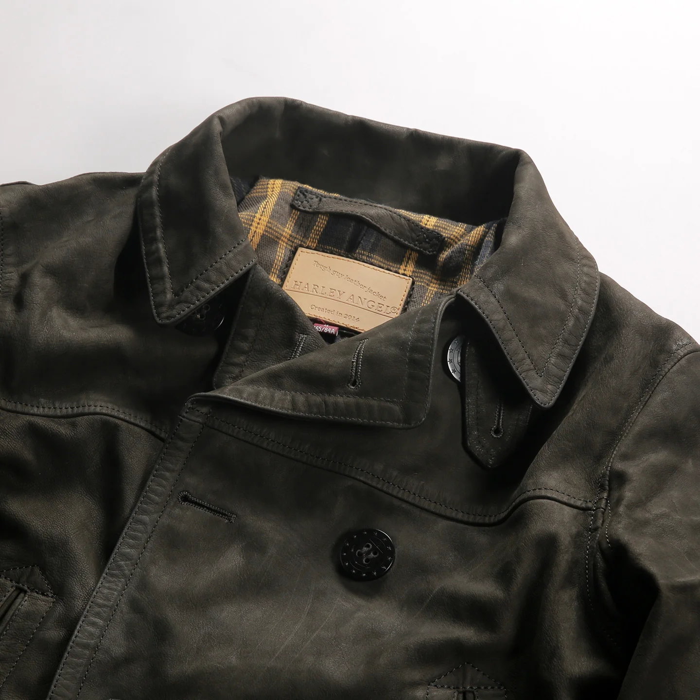 Amerikanischer Vintage-Mantel aus Wildleder 740, mittellang, für Herren, mit Revers, zweireihig, aus pflanzlich gegerbtem Ziegenleder, echte Lederjacke – Detail 10