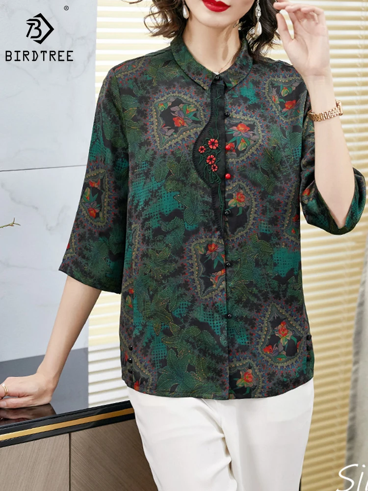 

BirdTree 100%Real Silk XiangYunSha Shirt Women,Half Sleeves Polo Neck Floral,Retro Commute Blouse, 2024 Spring New T422101QD