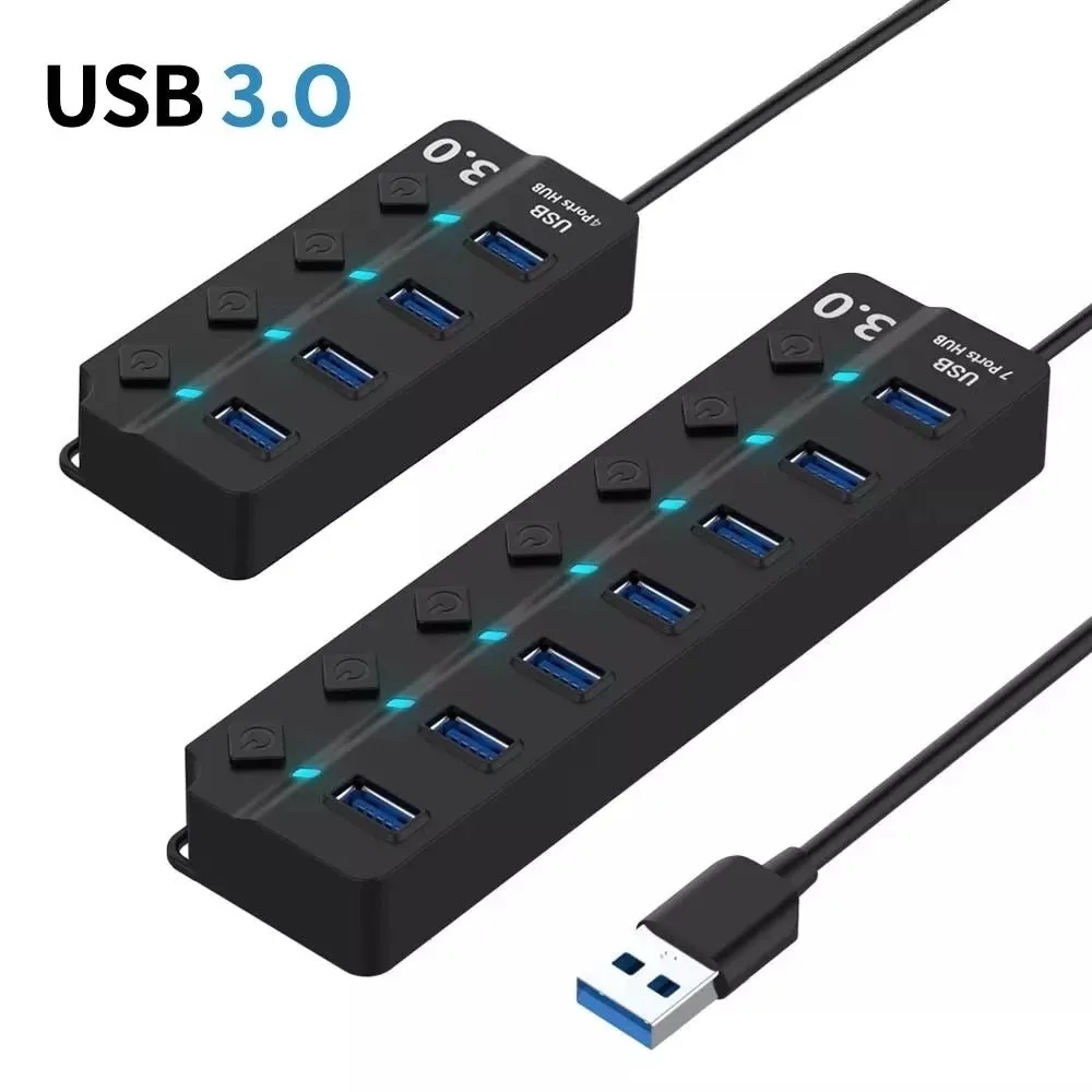 4/7-Port USB 3.0 Hub with LED Indicator Independent Switch Control for Laptop Flash Drive Hard Disk Printer Camera Keyboard 1