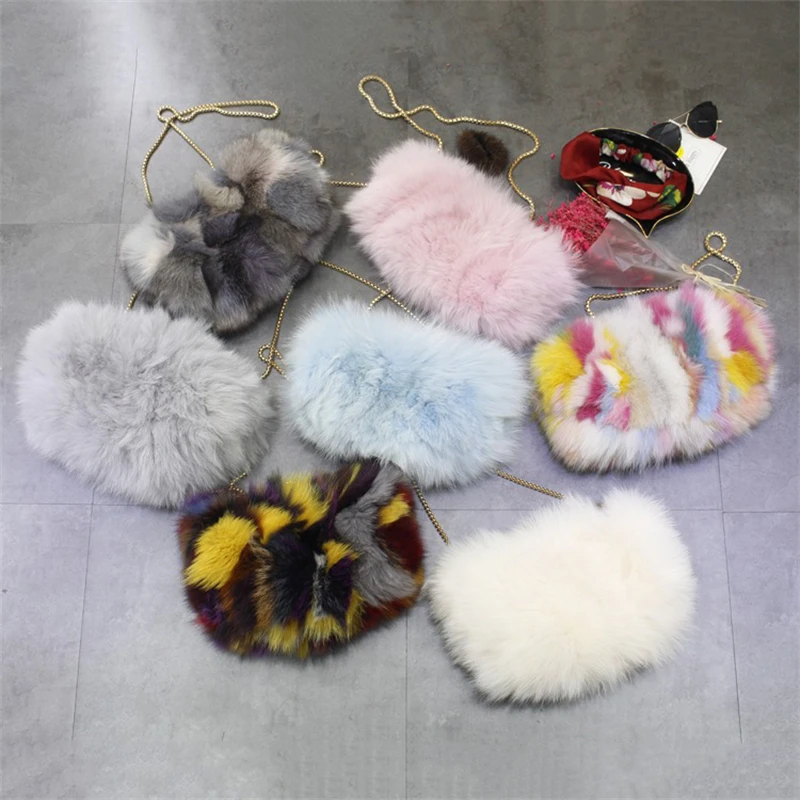 2024 Winter Luxury Real Fur Shoulder Bag Natural Fluffy Fox Fur Crossbody Bag Women's Hand Warmer Fur Dinner Bag