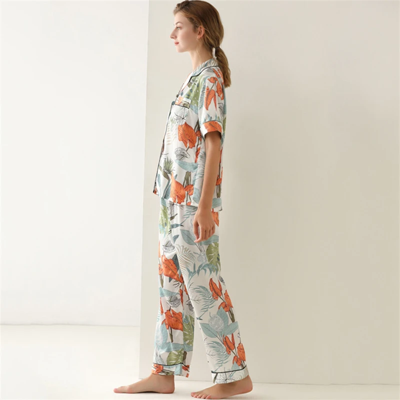 Turn-down Collar Pajamas Leaf Print Sleepwear Silk Imitation Nightgown Short Sleeve Long Trousers Two-piece Set Women's Clothes