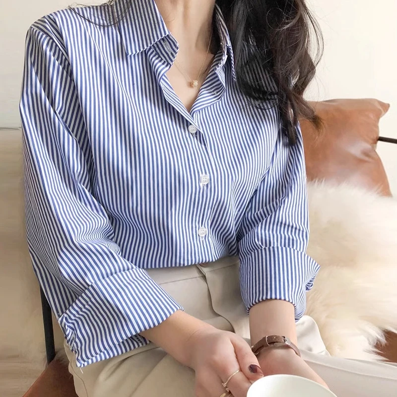 Women Casual Striped Blue White Long Sleeve Shirt