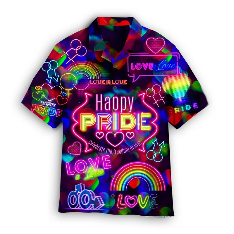 LGBT 게이 프라이드 하와이안 셔츠, 3D 프린트 셔츠, Love Is Love Love 라펠 반팔, Y2k 단추 블라우스, 여름 스트리트