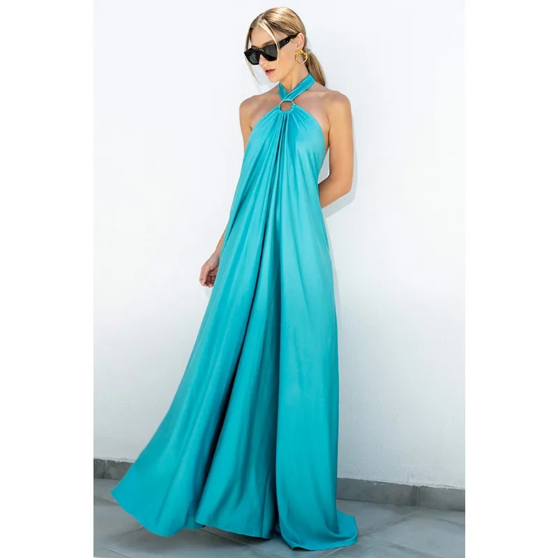 

Women Solid Color Loose Spaghetti Strap Dress 2023 Summer Sexy Dress Women Sleeveless Off-Shoulder Backless Party Holiday Dress