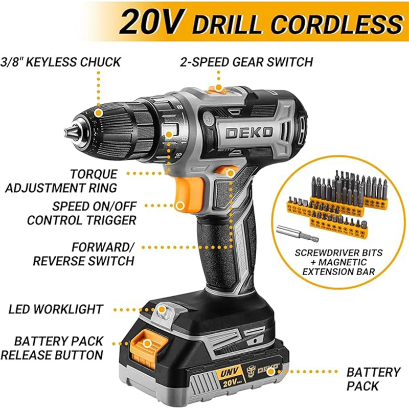DEKO 20V cordless drill kit with battery, men's drill, manual repair, basic toolbox, suitable for household tools
