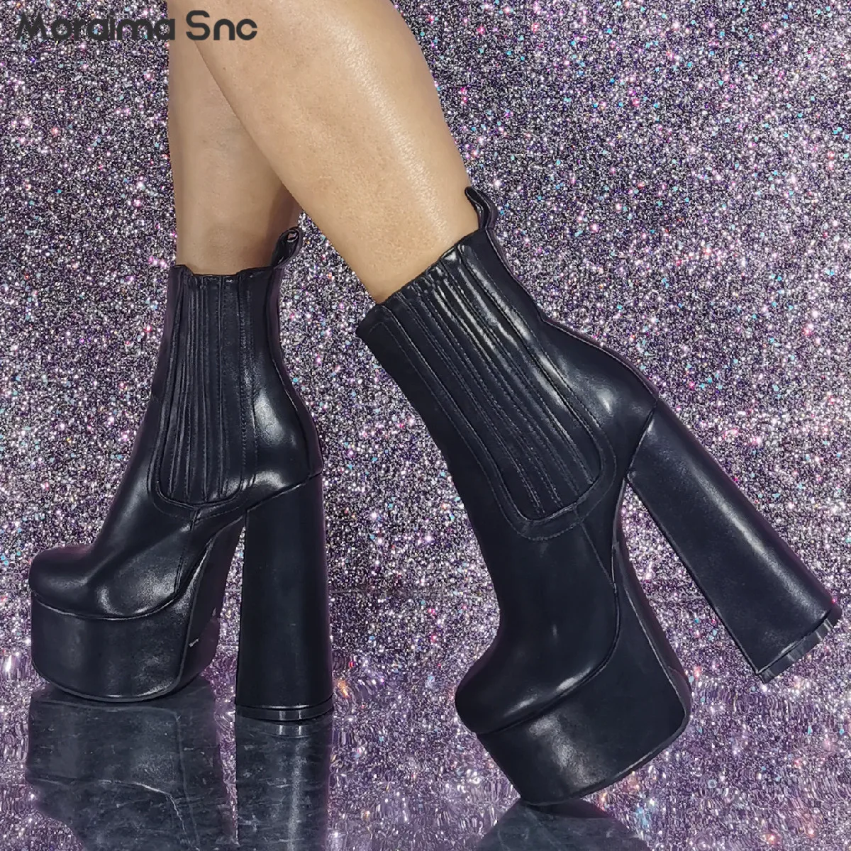 Black Checked Platform Ankle Boots Large Size Thick Heel High Heel Water Table Women's Boots Sexy Fashion Ankle Boots