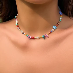 Boho Multicolor Handwoven Seed Bead Flower Choker Necklace with Imitation Pearls (C05799)