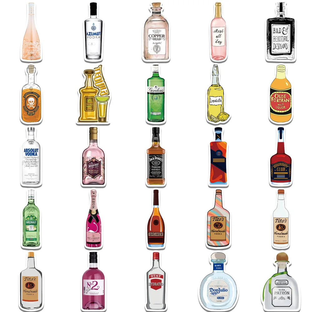 10/30/50Pcs Wine Bottle Waterproof Graffiti Decorative Stickers