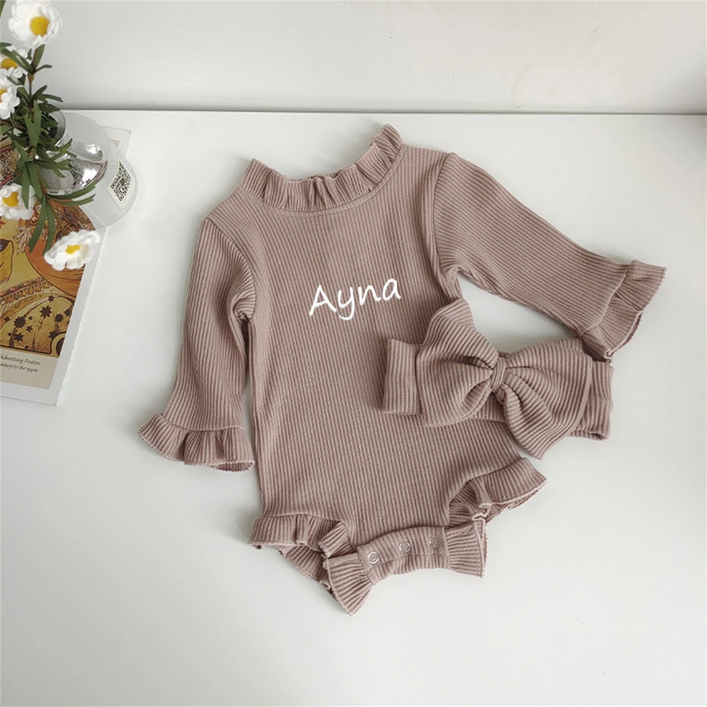 Autumn Striped Crawling Suit for Infant Personalized Name Baby Girl Jumpsuit with Headband Set Customized Kids One Piece Clothes 2