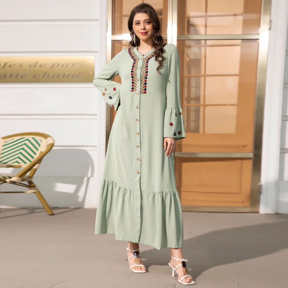 Sweet V-neck Color contrast Solid color Embroidery Buttons Flared sleeve Kaftan