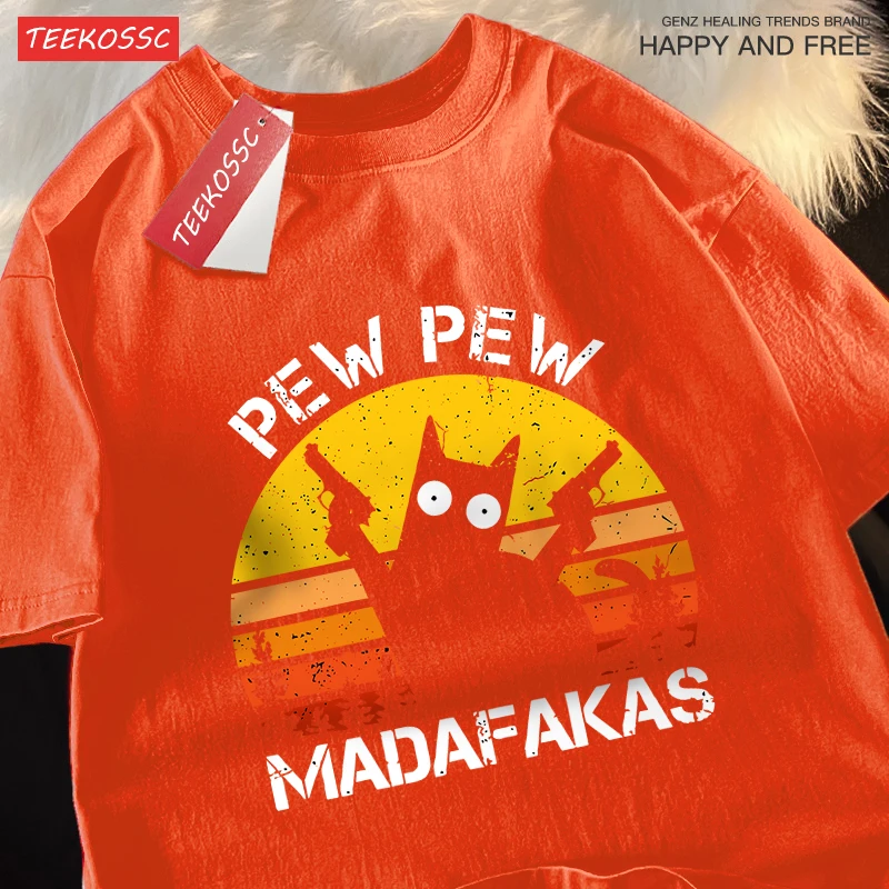 Pew Pew Madafakas Cat With Two Guns T-Shirts Man Street Summer Short Sleeve Harajuku Cotton Tshirt Oversized Breathable Tops