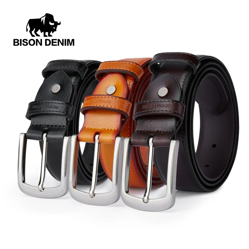 

BISON DENIM Genuine Leather Male Belt Fashion High Quality Pin Buckle Cowskin Jeans Strap Casual Cowboy Waistband Belts For Men