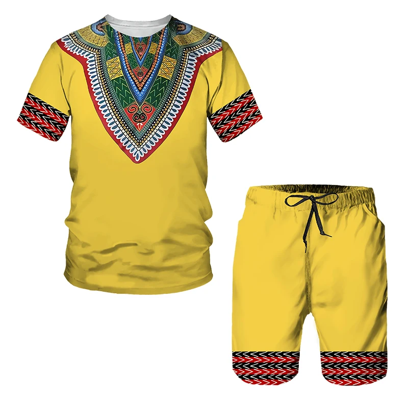 Summer 3D African Printed Casual Mens Shorts Sets Couple Tracksuit Outfits Vintage T Shirts +Shorts Male/Female Tracksuit Set