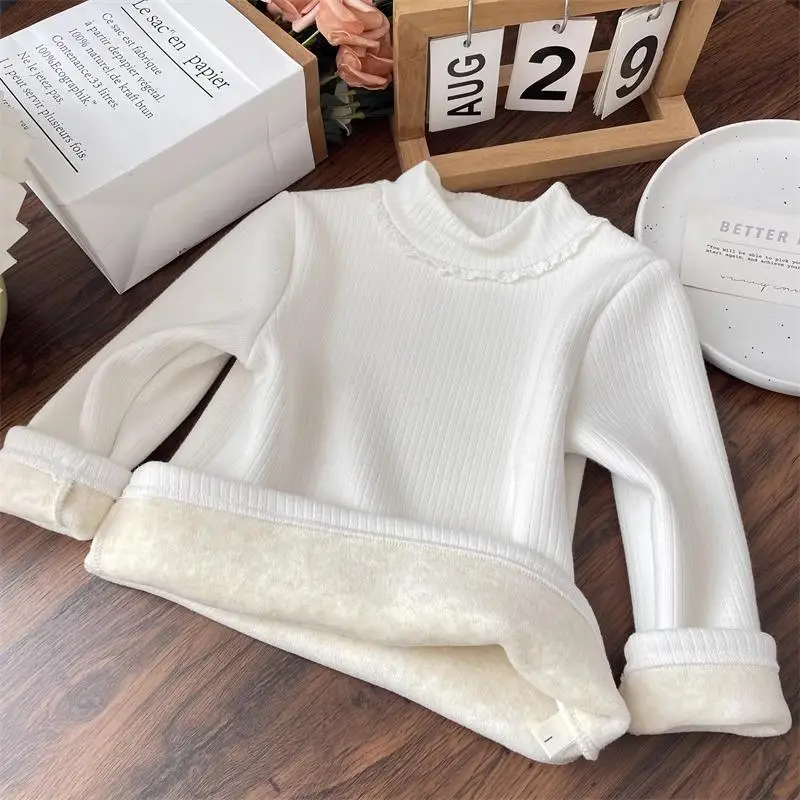 Lace Half High Collar Thicken Velvet Shirt Baby Girls Autumn Winter Warm Pullovers Girls Solid Color Casual Bottoming Tops