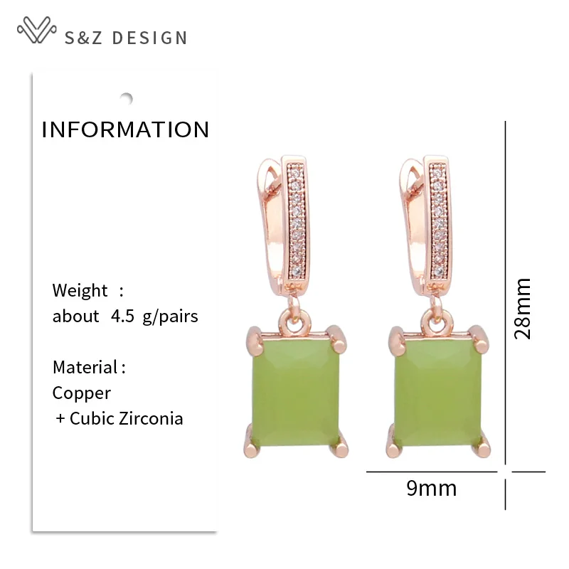 S&Z DESIGN New Fashion Cubic Zirconia Rectangle Dangle Earrings For Women Elegant 585 Rose Gold Color Jewelry Daily Accessories