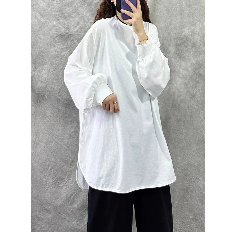 

SuperAen 2024 корейский стиль оверсайз весна круглый вырез сплошной цвет Свободный Повседневный длинный рукав Корейская футболка Женские топы