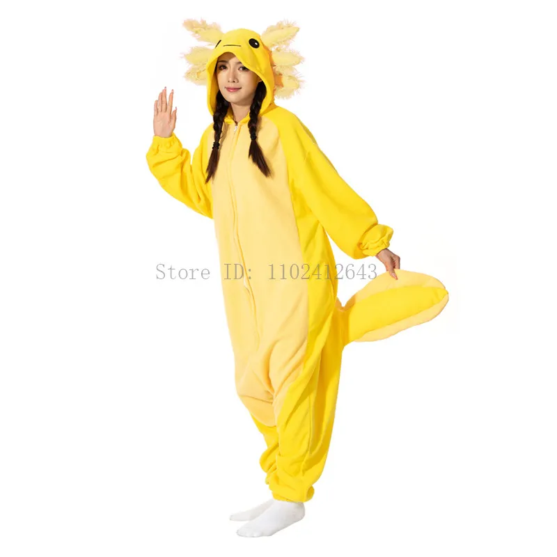 Halloween Onesie For Women Men Adult Child Animal Kigurumis Pyjamas Cartoon Yellow Pink Axolotl Pajama Homewear Cosplay Costume kigurumi pajamas onesies