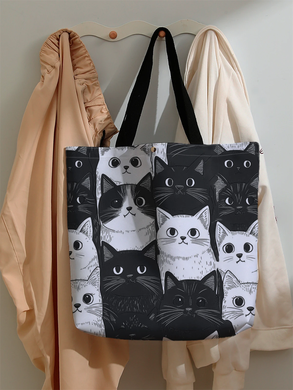 1pc， Cute cat pattern handbag, reusable fashionable handbag, multifunctional handbag, printed canvas shopping bag