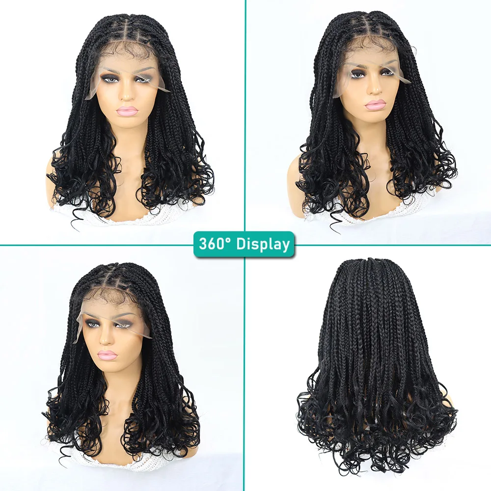 16Inch Box Braided Wigs Curly Ends Knotless Lace Front Braid Wig