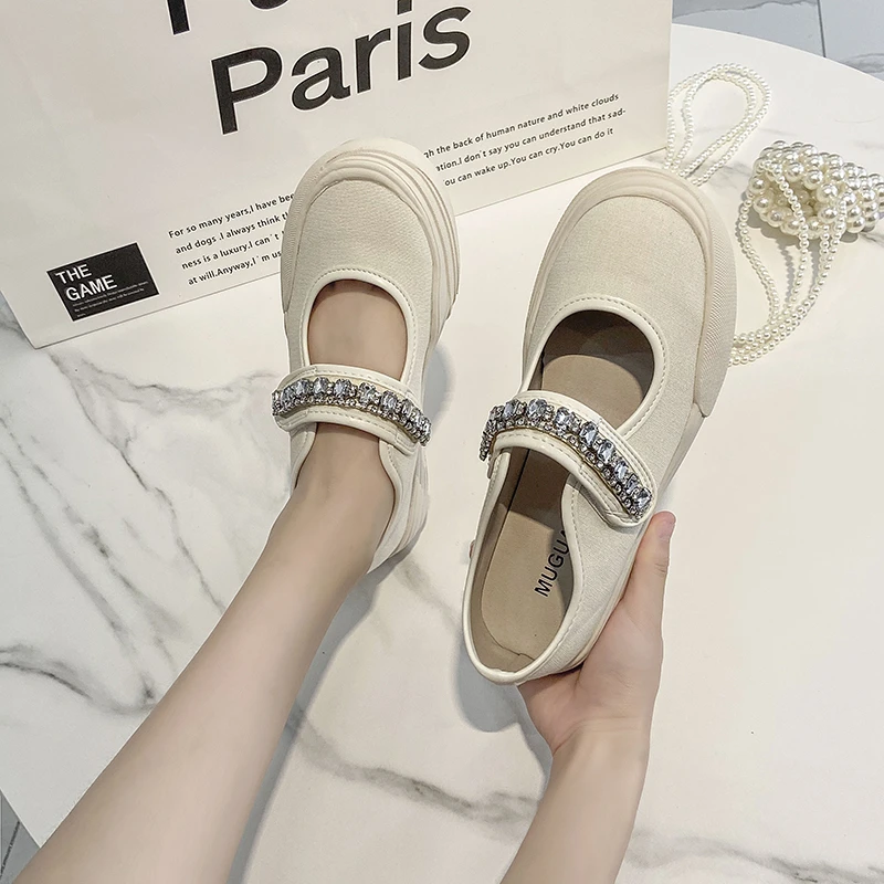 LazySeal Women Flat Crystal Design Round Toe Casual Shoes Hook Loop Canvas Upper Ladies Footwear Summer Breathable Flat Shoes