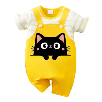 IURNXB Newborn Baby Romper Summer Cat Printed Short Sleeve Stripe Jumpsuit Infant One Piece Outfit for Boys Girls Unisex 0-18M 1